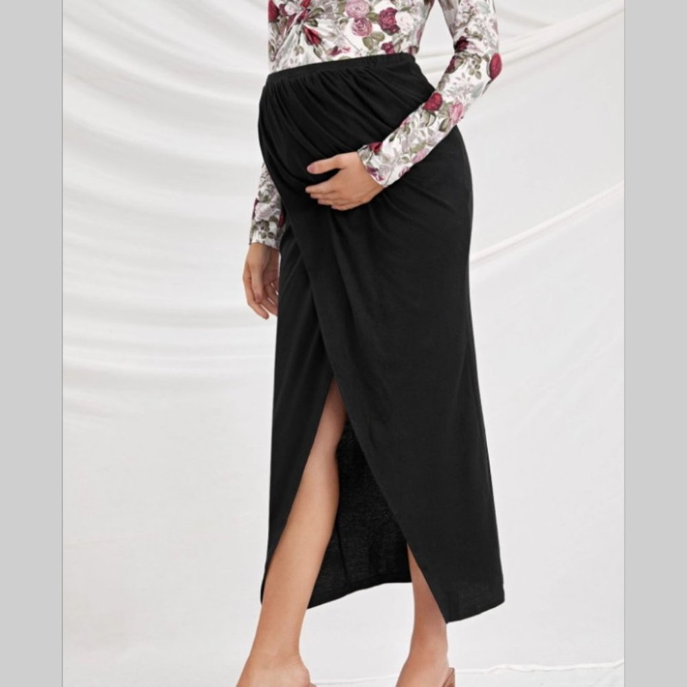 NWT Maternity skirt black long elastic waist wrap work occasional with split - Picture 5 of 6